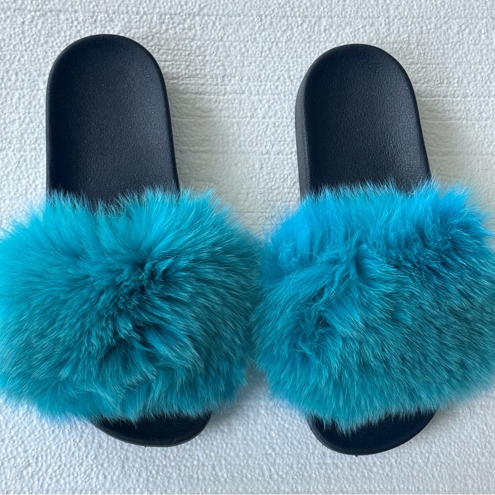 Blue Furry Slide Sandals, Real Genuine Fur, Size 11